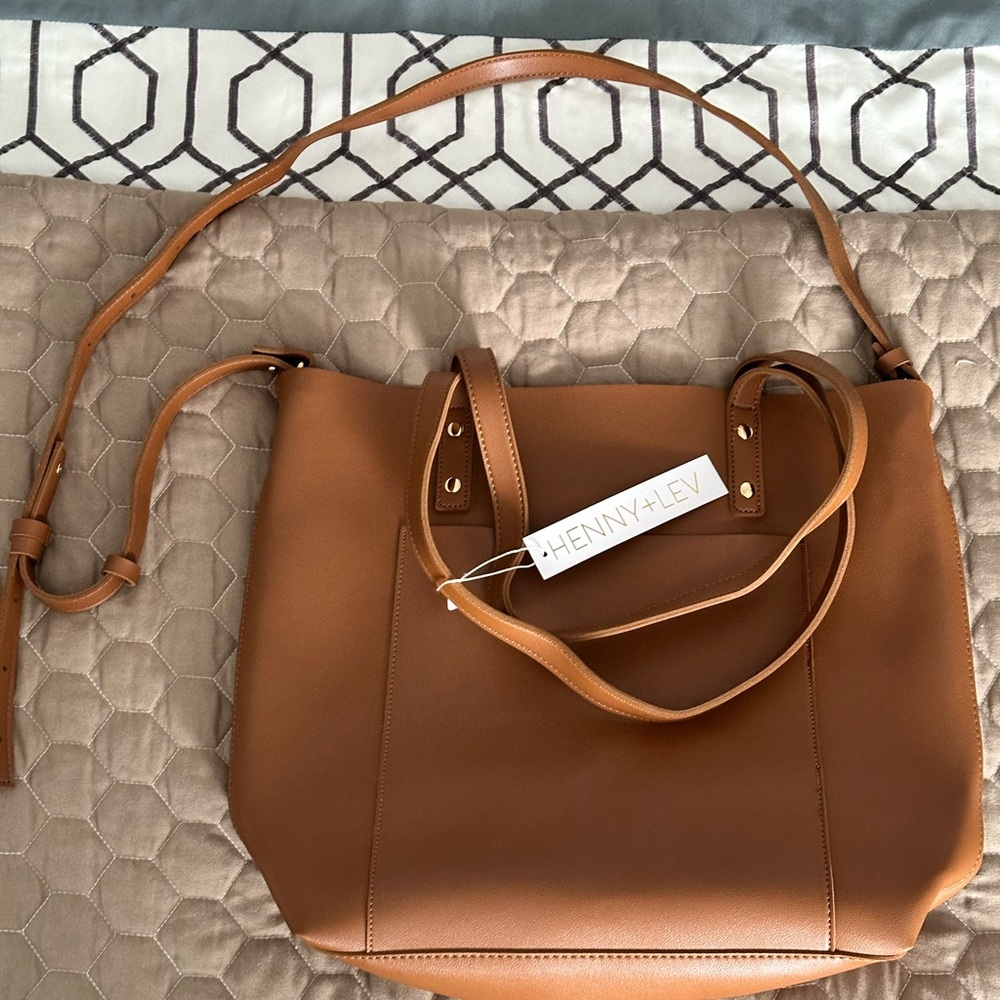 Elegant Tan Leather Tote Bag with Gold Accents